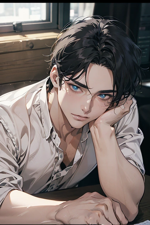 (Best Quality,4k,8k,high resolution,Masterpiece:1.2),ultra detailed,(realist,photorealist,photo-realist:1.37),1 man,31 years,mature man,very handsome,without expresion,muscled body,short gray black hair,Blue eyes,glare,perfect face without mistakes,imposing posture,businessman,office background,cinematic lighting,imagen HDR
