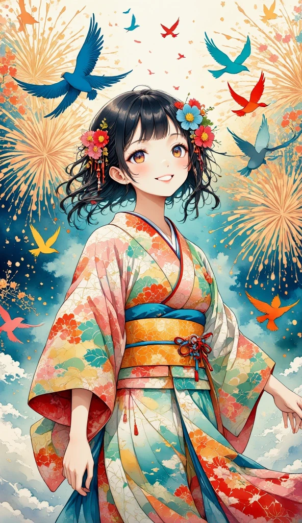 A serene scene featuring a girl in a traditional Japanese kimono, standing gracefully as vibrant birds fly around her. The birds are depicted as colorful silhouettes, each adorned with intricate, traditional Japanese patterns. In the background, large fireworks light up the sky, each explosion detailed with elegant Japanese motifs, similar to the birds' designs. The fireworks add vibrant reds, yellows, and blues to the night sky, their patterns beautifully blending with the swirling motion of the birds. The entire image has the delicate texture of washi paper, giving it a soft, artistic feel, while the harmonious mix of colors and traditional patterns creates a magical, celebratory atmosphere.