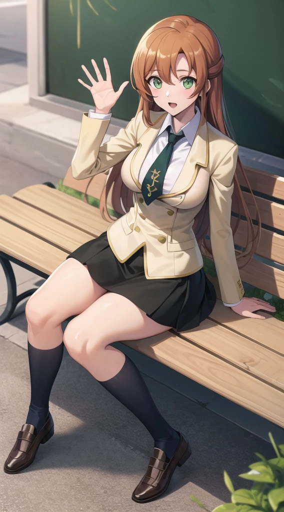 masterpiece, best quality, highres, hmshir, long hair, green eyes, school uniform, yellow jacket, necktie, black skirt, pleated skirt, waving, sitting, bench,