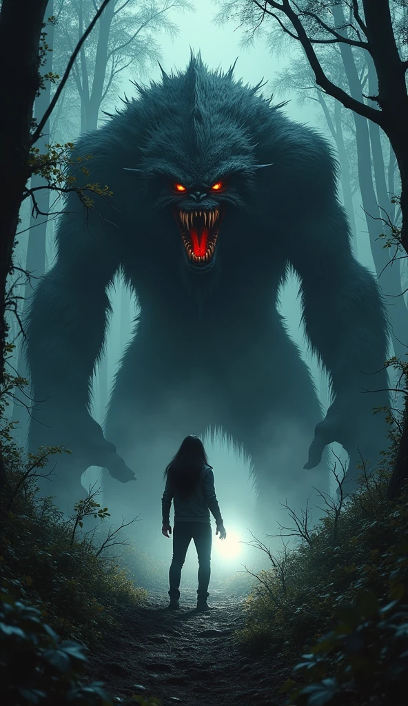 the figure of a large, hairy black demon monster, big eyes glowing red, standing among thick bushes, in a haunted and very dark forest,add a man with long hair in front of him with his back to the camera while shining a spotlight on the monster with an LED light in his hand