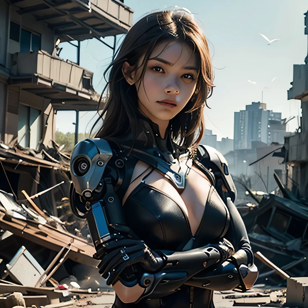 A highly detailed Cyborg, arms crossed in front of a destroyed city, sporting futuristic details on his bionic body. (An extremely detailed cyborg with crossed arms in front of a destroyed city, with futuristic details on their bionic body.),Beautiful Face、Beautiful woman