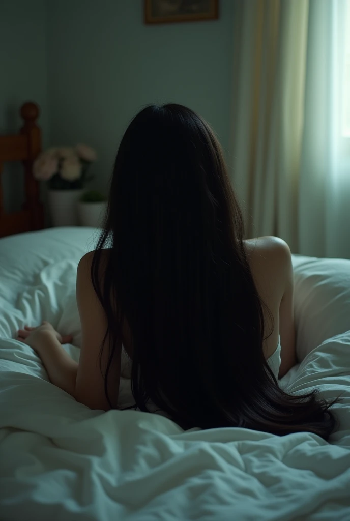 Back view,I can&#39;t see your face,Black underwear,Very young Japanese woman,The room is very cool、Beautiful lighting,Sit on the bed,Long black hair,alone,long hair,whole body,compensate, Highest quality , masterpiece, figure, Very delicate and beautiful,Very detailed,Large file size , High resolution,Beautiful detailed