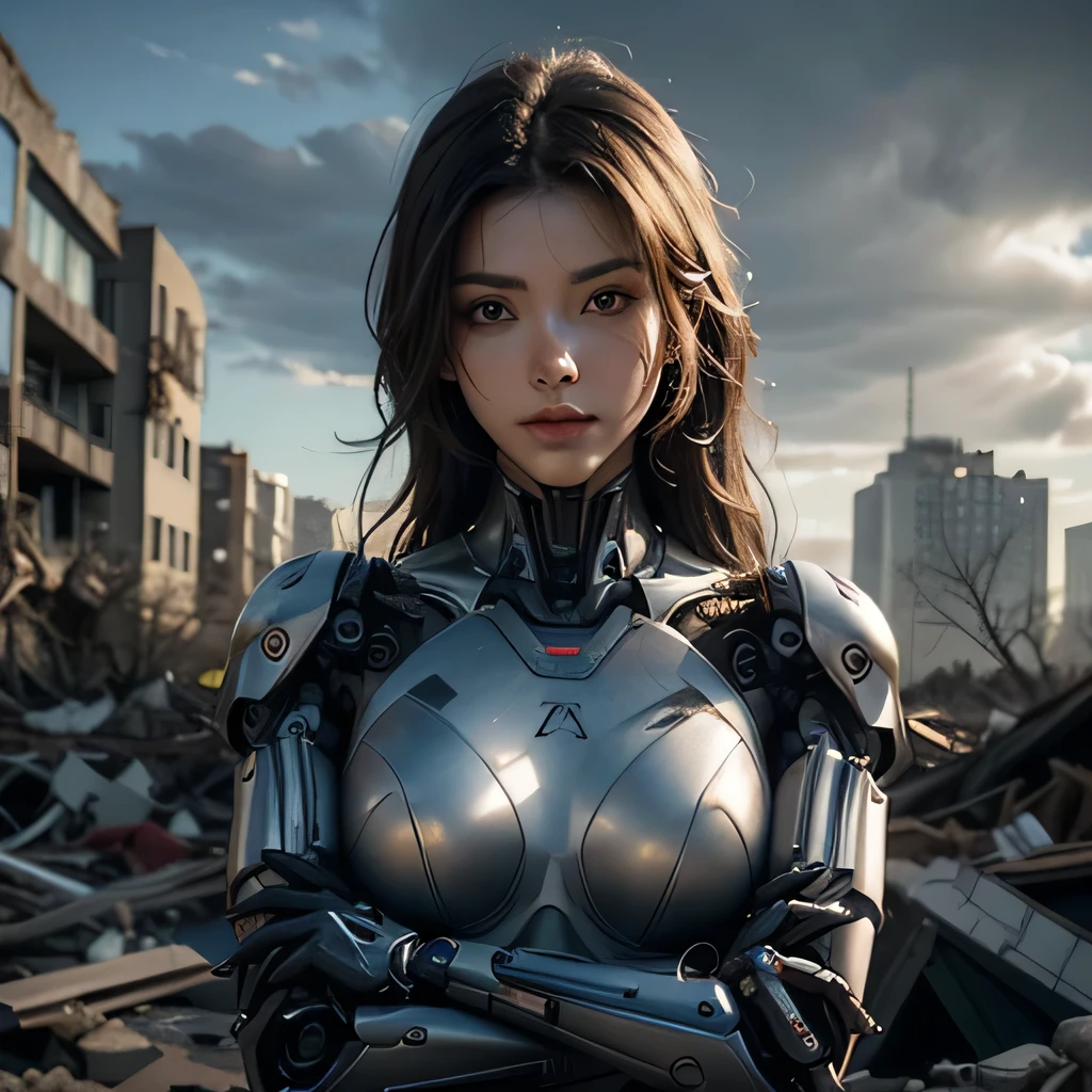 A highly detailed Cyborg, arms crossed in front of a destroyed city, sporting futuristic details on his bionic body. (An extremely detailed cyborg with crossed arms in front of a destroyed city, with futuristic details on their bionic body.),Beautiful Face、Beautiful woman