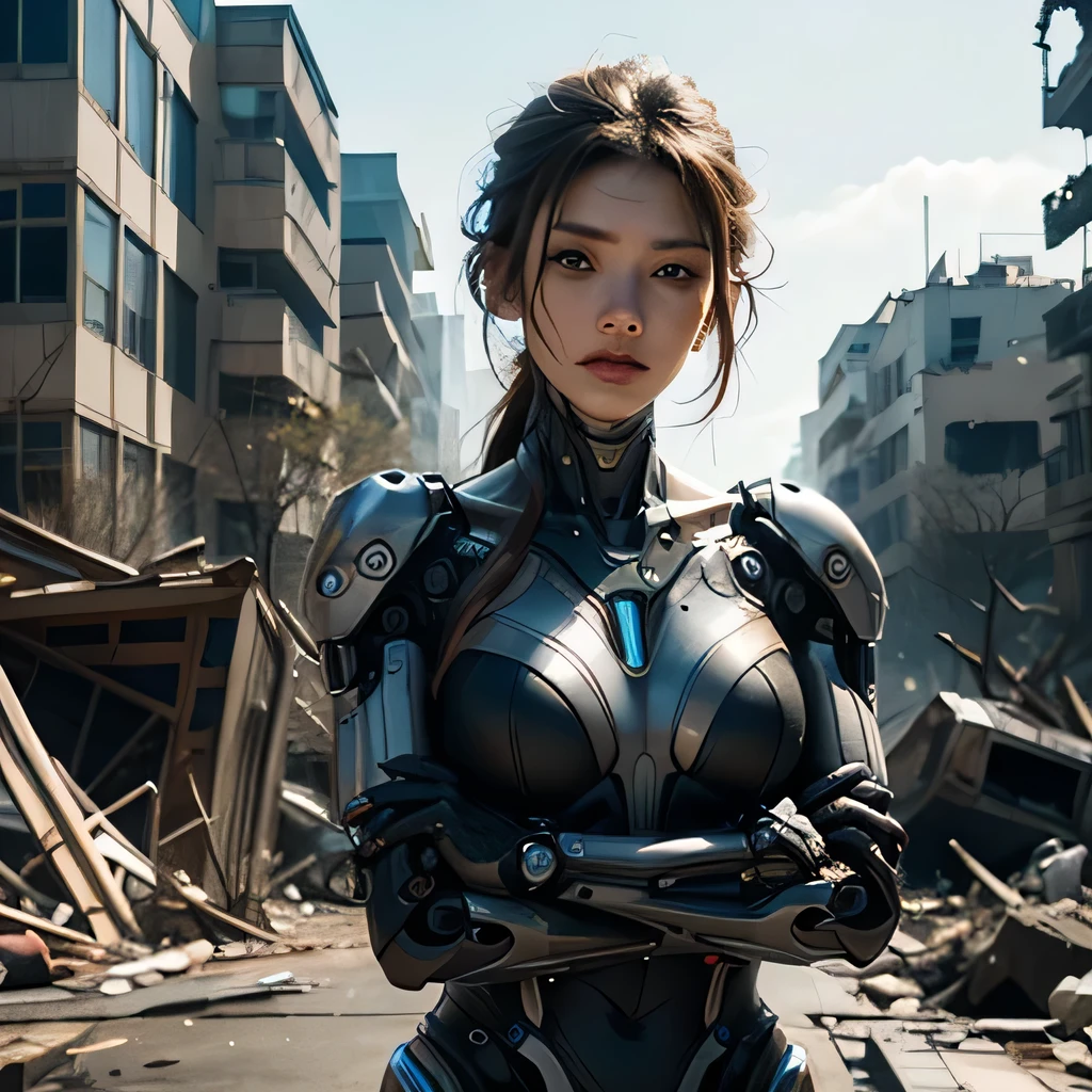 A highly detailed Cyborg, arms crossed in front of a destroyed city, sporting futuristic details on his bionic body. (An extremely detailed cyborg with crossed arms in front of a destroyed city, with futuristic details on their bionic body.),Beautiful Face、Beautiful woman