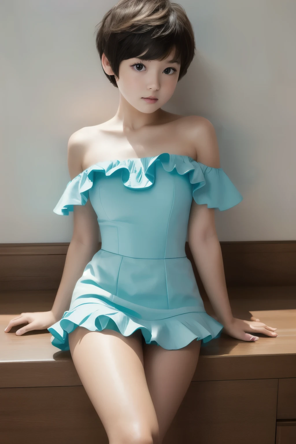  super high definition 、 real photo、１８Baby-faced woman with short cut hair、Petite、idol frill miniskirt、Bare legs、 high heels、