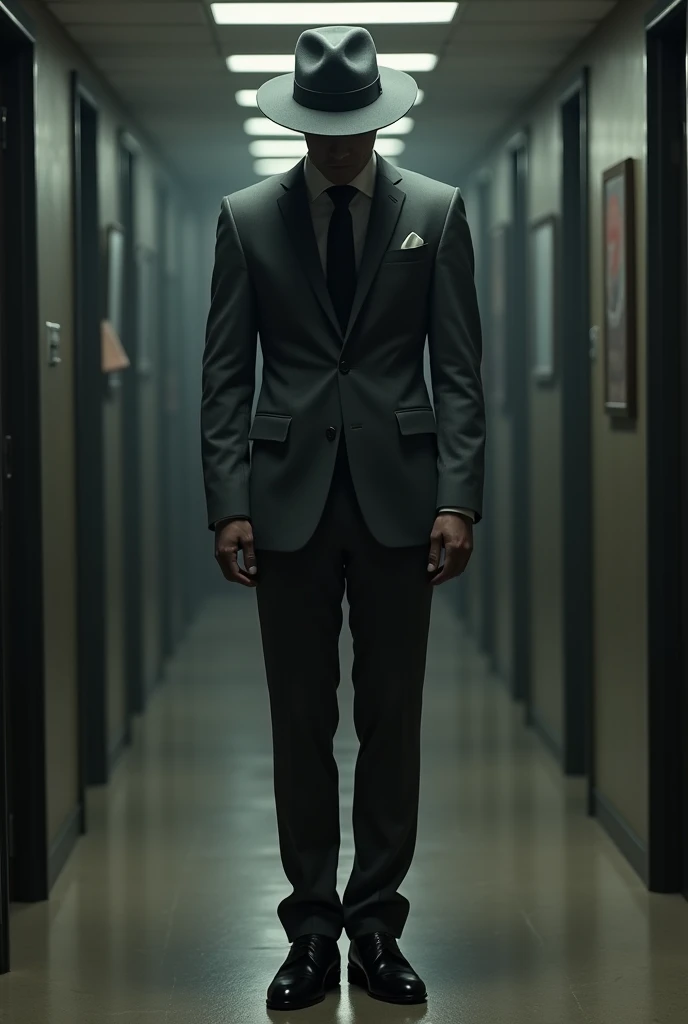 Man in slender, pale suit, with whitish eyes, segurando uma camera acima dos ombros, sinistro, scary horror, dark, corredor de sala de aula, 8k, maximum detailed, high quality