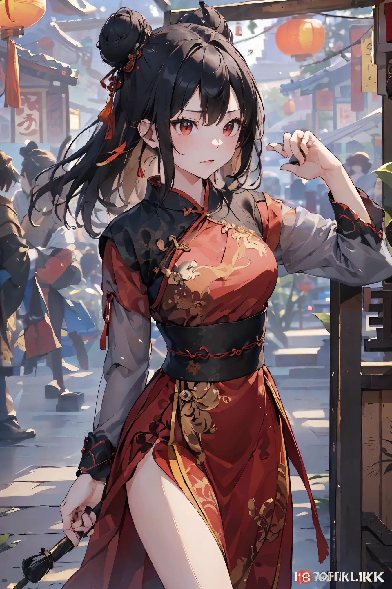 (((Best quality, 8k, Masterpiece: 1.3)), ((best quality)), ((masterpiece)), (detailed), perfect face, perfect body, (detailed skin:1.3), (intricate details), A skilled young martial artist stands poised in a dynamic kung fu stance, dressed in an elegant, high-slit red cheongsam with intricate gold embroidery. Her jet-black hair is styled into neat twin buns, giving her a focused yet stylish appearance. The scene is set in a traditional Chinese courtyard with red lanterns and ornate wooden architecture, bathed in the warm glow of sunset. Her expression is sharp and determined, exuding confidence and discipline. The fabric of her dress flows slightly with her movement, emphasizing her grace and mastery of kung fu.