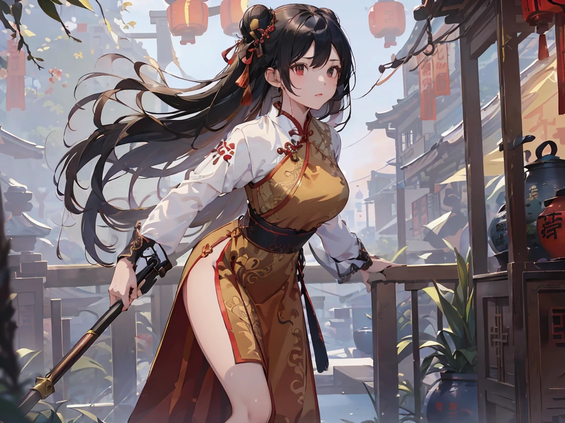 (((Best quality, 8k, Masterpiece: 1.3)), ((best quality)), ((masterpiece)), (detailed), perfect face, perfect body, (detailed skin:1.3), (intricate details), A skilled young martial artist stands poised in a dynamic kung fu stance, dressed in an elegant, high-slit red cheongsam with intricate gold embroidery. Her jet-black hair is styled into neat twin buns, giving her a focused yet stylish appearance. The scene is set in a traditional Chinese courtyard with red lanterns and ornate wooden architecture, bathed in the warm glow of sunset. Her expression is sharp and determined, exuding confidence and discipline. The fabric of her dress flows slightly with her movement, emphasizing her grace and mastery of kung fu.