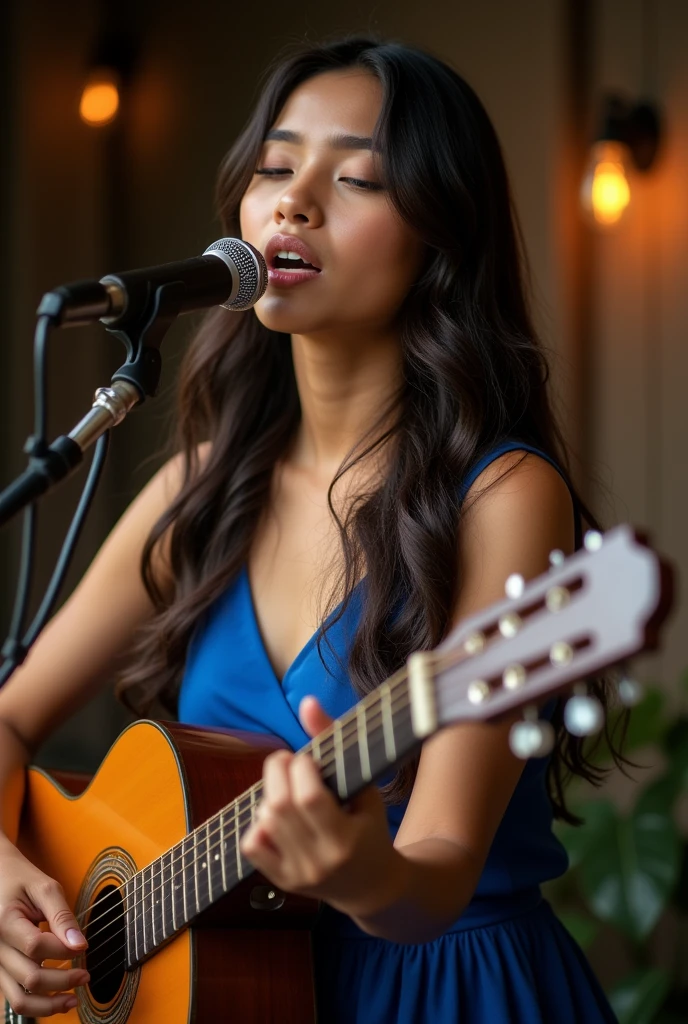 Uma lua , playing guitar with stars in the background and a canoe below