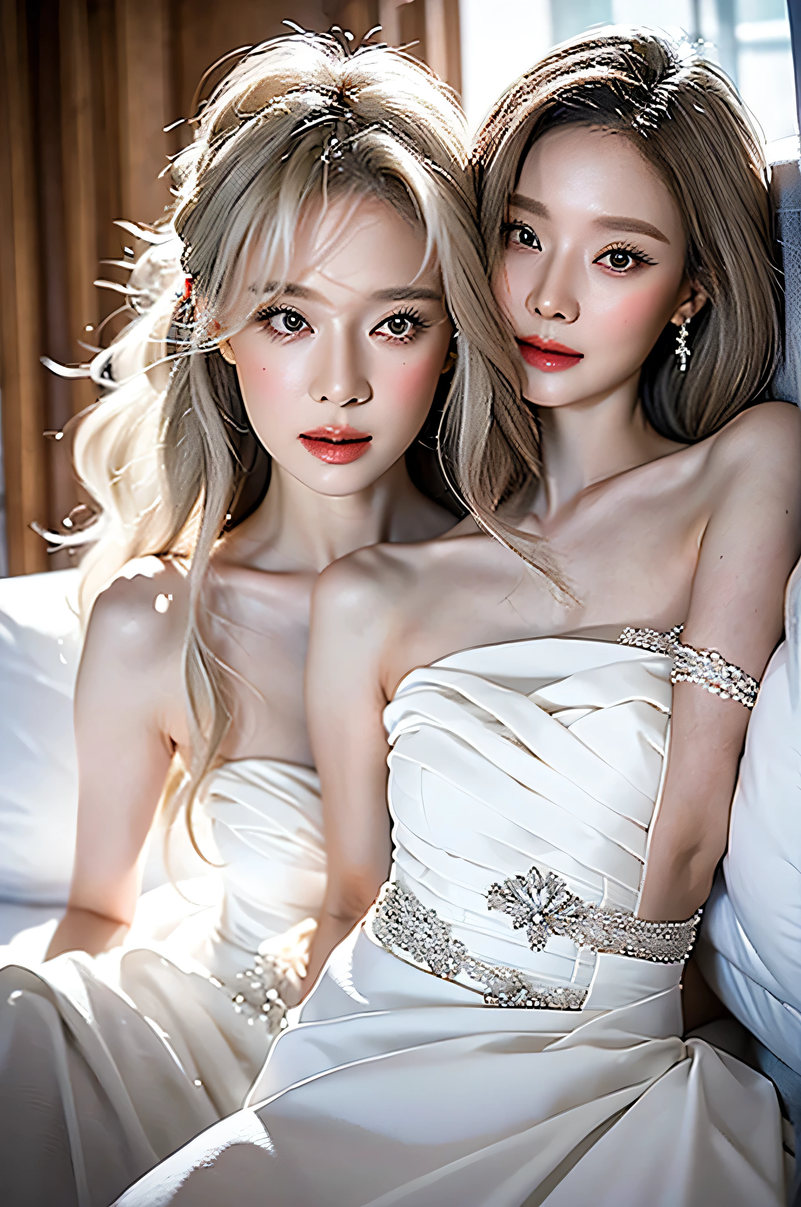 a beautiful woman in her 50s with long white hair and a slender figure lying on a bed in a wedding dress, shyly looking at the viewer and spreading her legs, detailed face, detailed eyes, detailed lips, detailed skin, detailed wedding dress, bedroom interior, soft lighting, cinematic, romantic, photorealistic, 8k, high quality, masterpiece