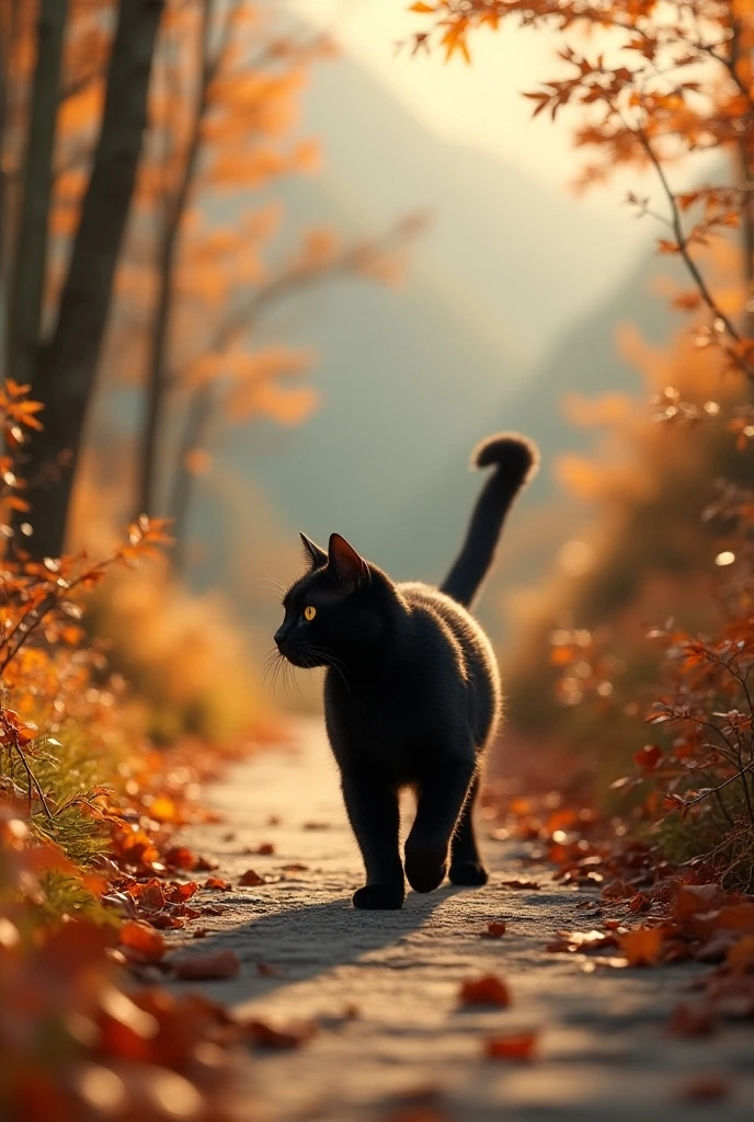 A black cat walking along a mountain path, cute, a mountain path in the depths of autumn, sunlight filtering through the trees illuminates the black cat, its beautiful fur shines, sophisticated design, advanced lighting technology, live-action photo 8K quality