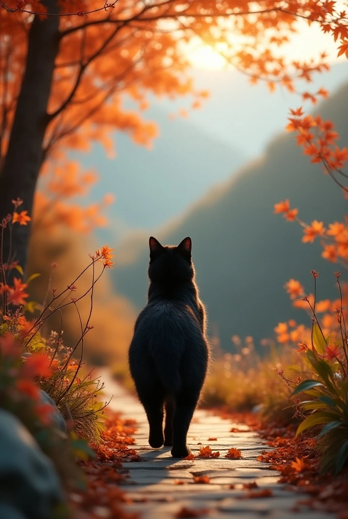 A black cat walking along a mountain path, cute, a mountain path in the depths of autumn, sunlight filtering through the trees illuminates the black cat, its beautiful fur shines, sophisticated design, advanced lighting technology, live-action photo 8K quality