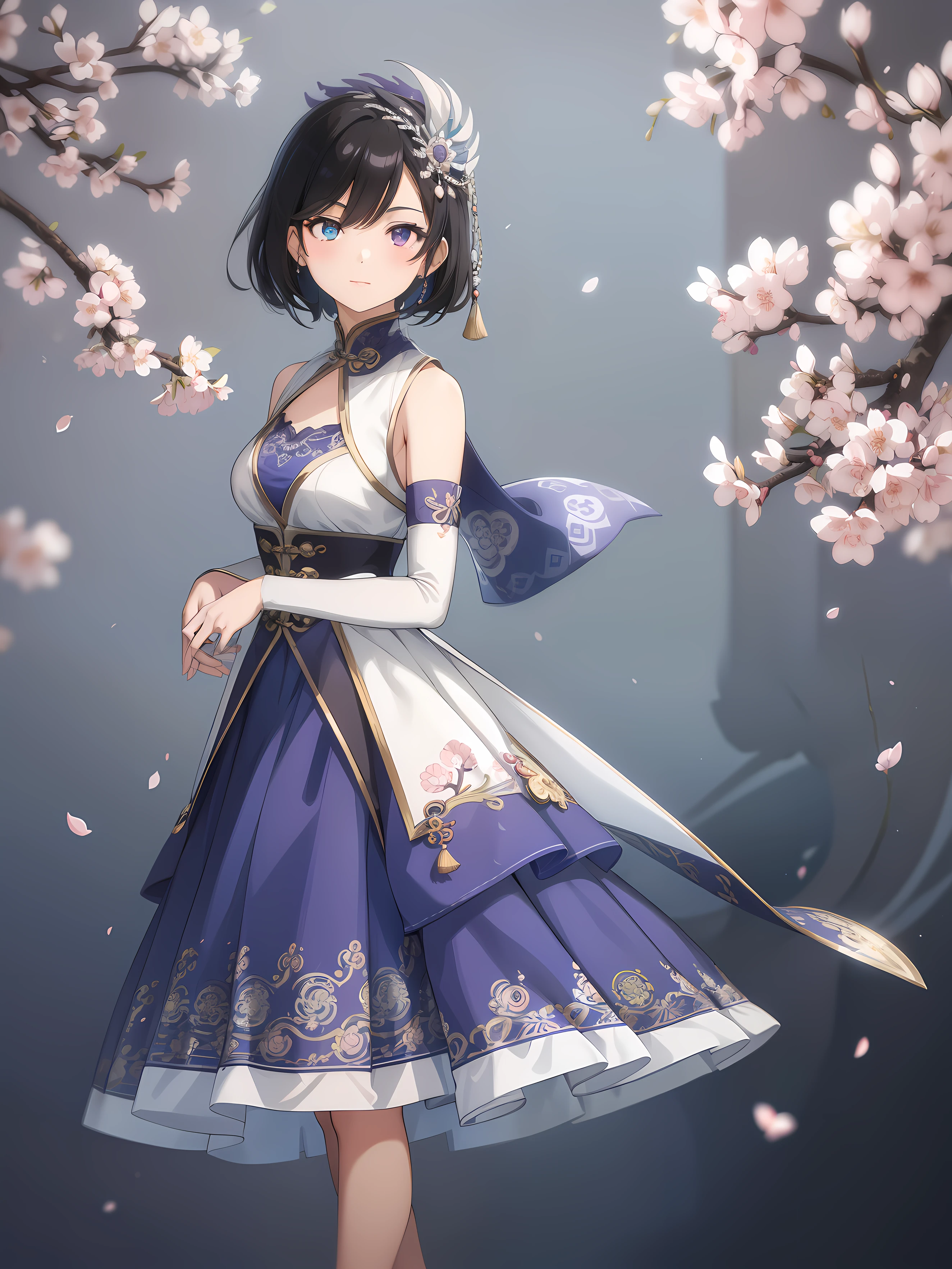 (high-quality, breathtaking),(expressive eyes, perfect face) 1female, girl , solo, teenager, asian woman hairstyle, short hair length, soft wave, black hair color, Heterochromia left eye blue and right eye purple, white and black dress, shawl, blue and purple background, music, gentle smile, swirls in background, music notes background, beautiful background, symmetrical eyes, Qing Dynasty Costumes, hairpin, cherry blossom background, full body, portrait, symmetrical body, centred composition,
