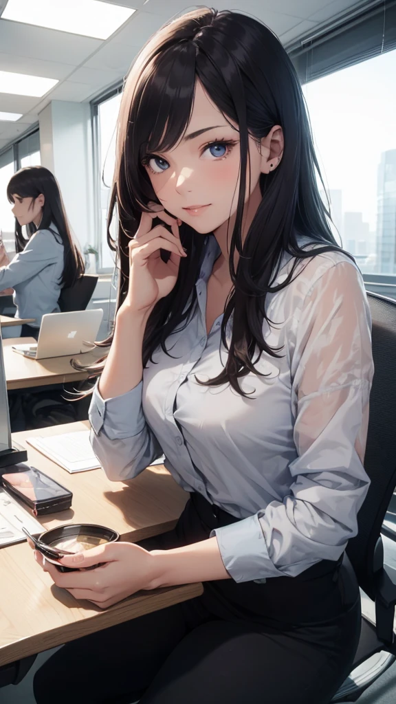masterpiece、high resolution 8k、NSFW、sharp focus、contrast lighting、fine skin、muste piece、 highest quality、Ultra - High resolution、Super high resolution、Highly detailed CG、stock exchange、large office room、many large monitors、desk computer、trading、document、stock、chart screen、Horizontal focus male OL、woman is sitting on a chair、beautiful eyes、(Detailed face and iace:1 2)、narrow eyes、almond eye、Black pupil、eye gradation eye highlight:1.2)、(light reddish brown hair、middle、asymmetrical bangs)、(ID card、Blazer for office wear shortage、white cutter shirt、black pencil skirt、pumps)、(plump lips、gross、glossy lips、small breast size) 、(oval face : 1.4)、(thin fingers、fine arms、detailed human hand)、laughter half open、teeth visible