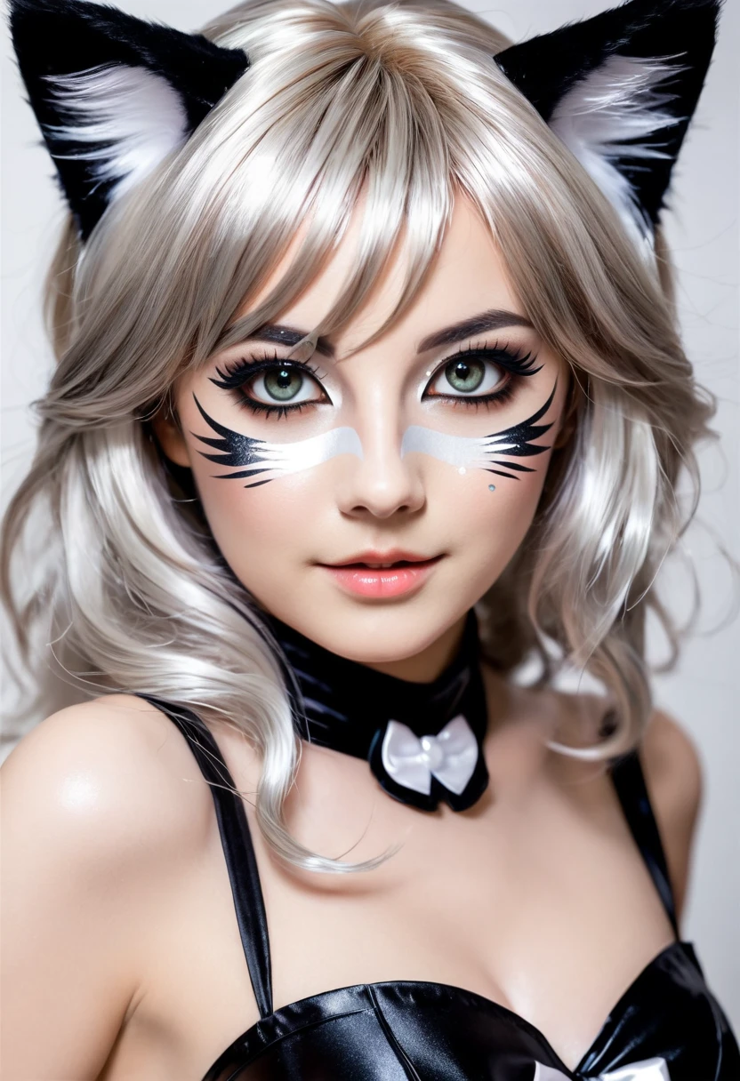 Make a halbine wolf, do cabelo medio e com olhos azul, she is strong and very beautiful, She&#39;s wearing a suit and a bow tie