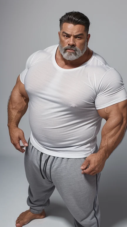 huge muscular old man, muscle gut:1.37, musclegut, smile:1.2, white shirt, shorts, livingroom