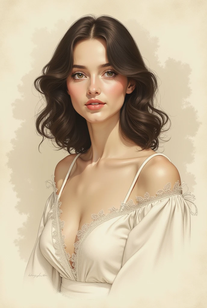 A delicate, oil painting portrays, a very young nude beautiful  Elizabeth Taylor look, medium firm breasts, standing bare feet without background, large pussy, her features rendered in subtle shading and precise lines. The framing is tight, focusing attention on the subject's serene face. Soft, feathery strokes convey the gentle texture of her short hair, 