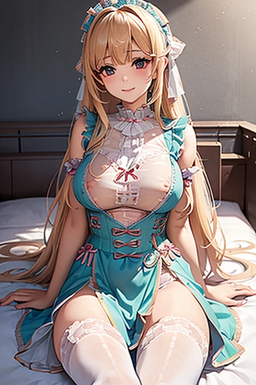 ((highest quality、High resolution、masterpiece))、Portrait、((１０Year old beautiful girl))、Perfect body、Beautiful breasts、Nipples、Long blonde、bangs、Blue and white、Embellished blue sexy dress、No panties、Embarrassed、((I spread my legs wide open to show you my pussy))、Love juice