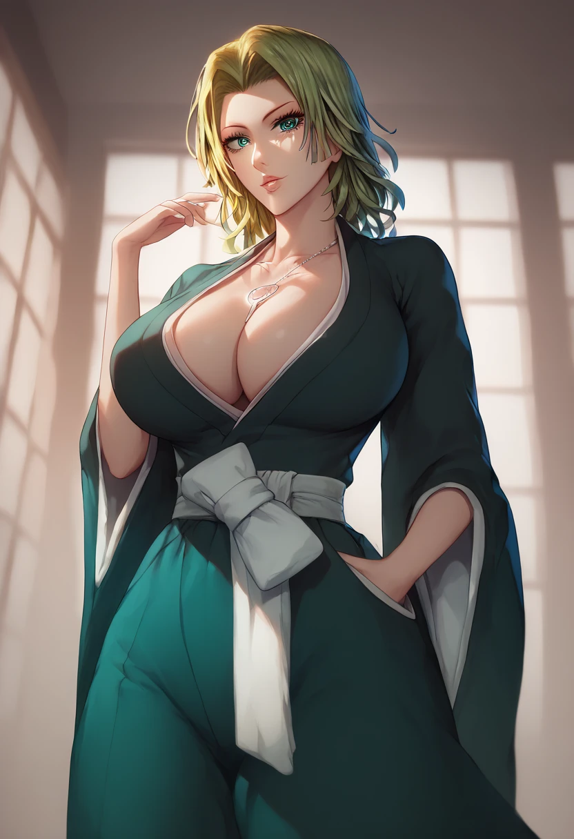 (score_9, score_8_up, score_7_up) 1girl, fubuki (one-punch man), short hair, tight green dress, long sleeves, collared dress, green eyes, perfect large breasts, view from below, sexy pose, dynamic angle Break, perfect lighting, shadows, bedroom, (beautiful detailed eyes:1.6) , matsumoto rangiku,anime,big_chest,girl１people,black shirt,kimono, kimono,waist belt, clavicle, cleavage, jewelry, necklace, blue eyes, green Blonde hair,front hair,length_hair,girl1 name, 20 years,young woman,beautiful Finger,beautiful long legs,beautiful body,natural lip,skin luster,looking at the viewer, in the center of the image,Show up to your knees,１in people, highest quality, High resolution, beautiful eyes, very detailed face, Detailed CG, (lively_color:1.2),(beautiful,big_chest:1.4), (beautiful_face:1.5),(narrow_waist), merging ,merged
