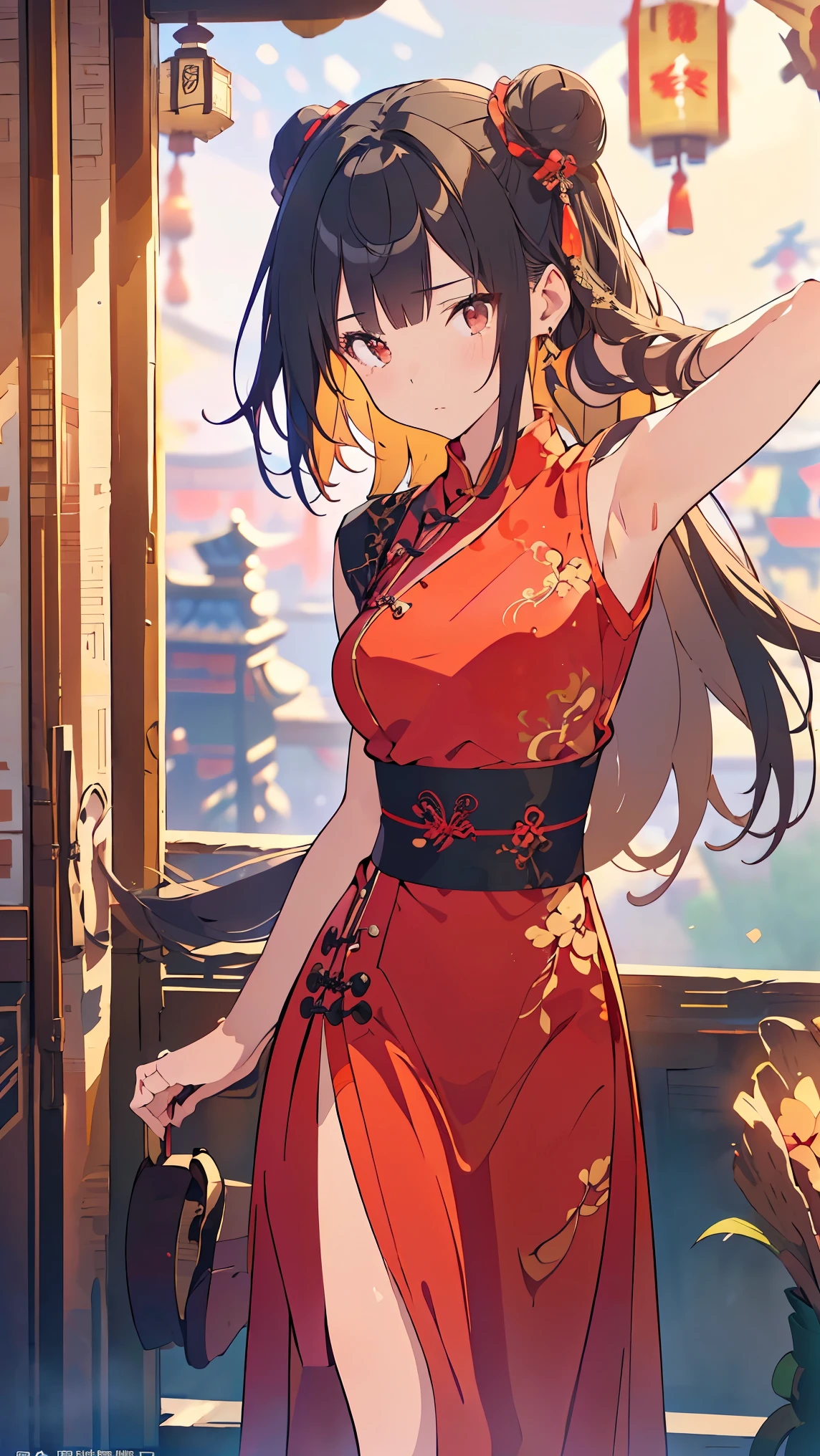 (((Best quality, 8k, Masterpiece: 1.3)), ((best quality)), ((masterpiece)), (detailed), perfect face, perfect body, (detailed skin:1.3), (intricate details), A skilled young martial artist stands poised in a dynamic kung fu stance, dressed in an elegant, high-slit red cheongsam with intricate gold embroidery. Her jet-black hair is styled into neat twin buns, giving her a focused yet stylish appearance. The scene is set in a traditional Chinese courtyard with red lanterns and ornate wooden architecture, bathed in the warm glow of sunset. Her expression is sharp and determined, exuding confidence and discipline. The fabric of her dress flows slightly with her movement, emphasizing her grace and mastery of kung fu.