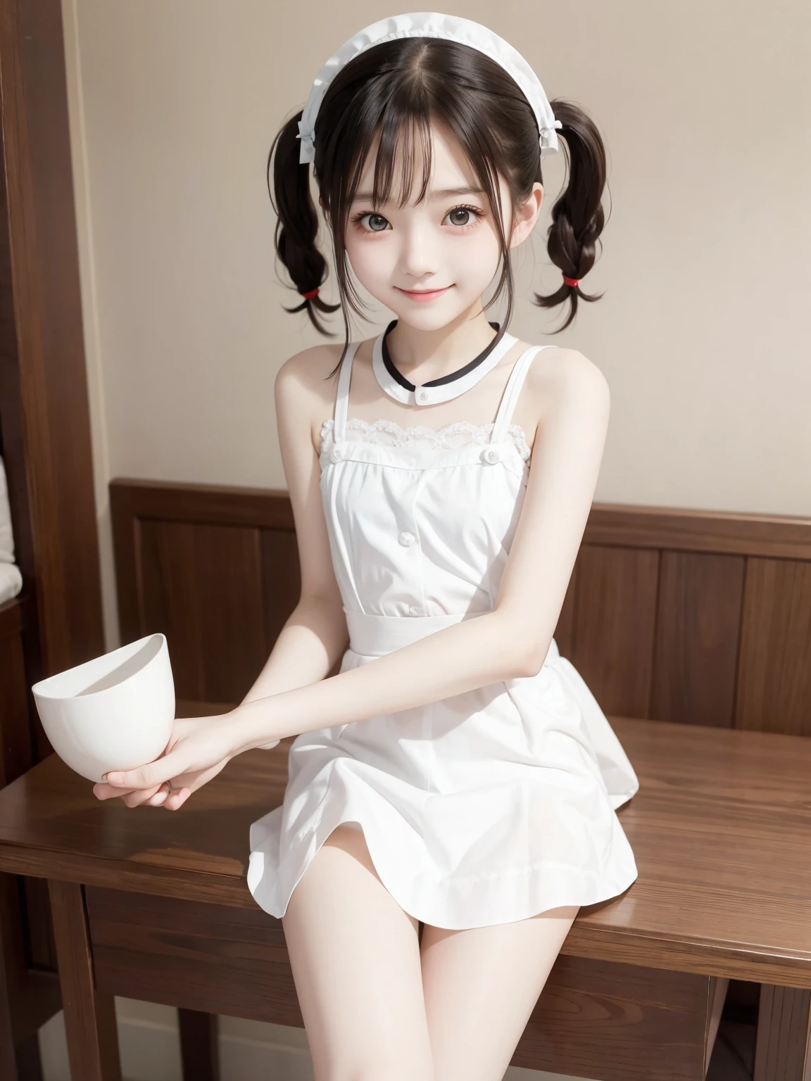 Maid, cute girl, white skin, twin tails,Thin arms,Thin legs,masterpiece,smile,Shooting from below,Thin legs