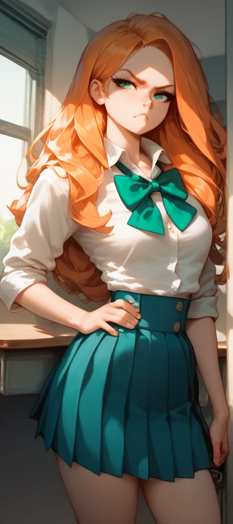 8k,masterpiece, bset quality,big, (1 girl), yellow eyes, intensive red hair, long hair, braids hair, professional lighting, (shiny skin: 1.2), shiny big, ((best quality)), sharp focus: 1.2, highly detailed face and skin texture, detailed eyes, perfect face, perfect body, blur art, cg, background, Big breasts, presence (20yo, mature cool and beautiful face), wearing ((green skirt), blue taut shirt, thigh), blush, (mittgal), random pose, top view, perfect eye