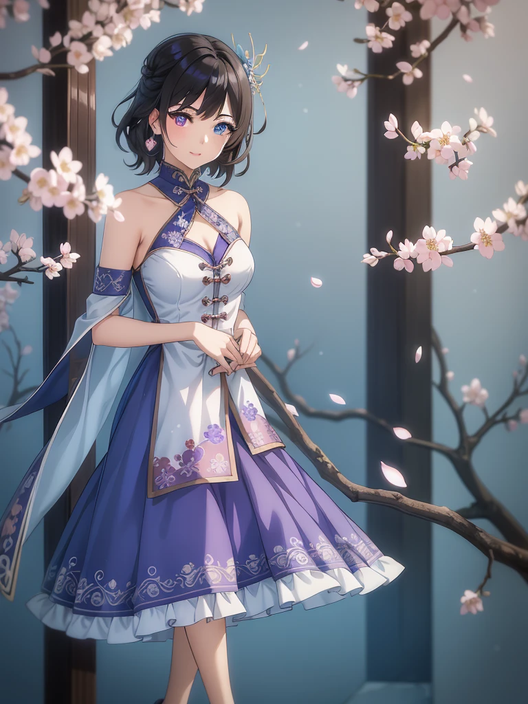 (high-quality, breathtaking),(expressive eyes, perfect face) 1female, girl , solo, teenager, asian woman hairstyle, short hair length, soft wave, black hair color, Heterochromia left eye blue and right eye purple, white and black dress, shawl, blue and purple background, music, gentle smile, swirls in background, music notes background, beautiful background, symmetrical eyes, Qing Dynasty Costumes, hairpin, cherry blossom background, full body, portrait, symmetrical body, centred composition, intricate details
