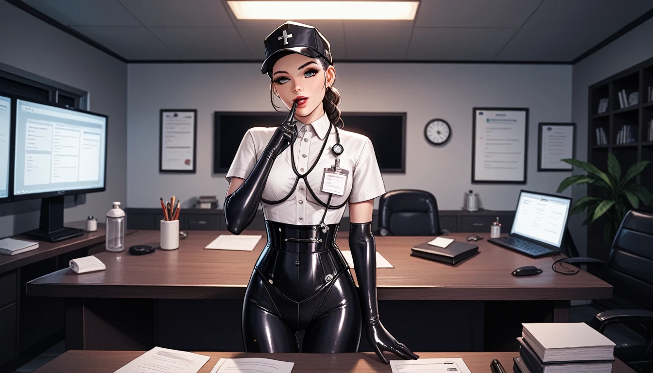 The dimly lit office of the autopsy laboratory. The table and cabinets are made of stainless steel. Dark shadows. A slender female doctor stands in front of the table. She is wearing a white tight-fitting medical gown with short sleeves, ankle-length. Black latex apron. A gas mask with black lenses, no eyes. Black latex swimming cap. (((Tight shiny black latex gloves up to the elbow). slim waist. There's an awl in my hand. With the other hand, put your finger to your mouth so as not to make noise. A severe pose.