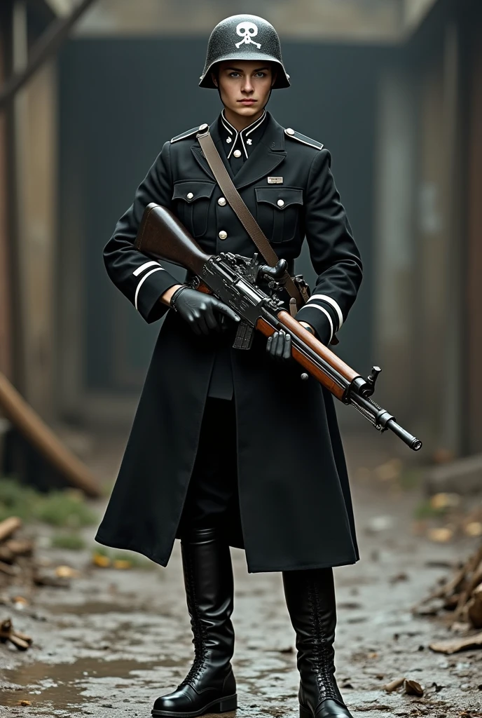 female soldier, Russian face, long blonde hair, Soviet style military cap, pale skin, Soviet style military uniform Light brown fabric with red details, brown leather gloves, long black military boots, holds a Soviet assault rifle, she is in a destroyed building, 4k, ultra detailed image, Realistic, highly detailed, perfect composition, gorgeous, Intricately detailed, incredibly detailed, 8 k artistic photography, hyper detailed, masterpiece, ultra detailed, hyper Realistic, 4k, ultra detailed image, Realistic, very detailed, perfect composition, gorgeous, Intricately detailed, incredibly detailed, 8 k artistic photography, hyper detailed, masterpiece
