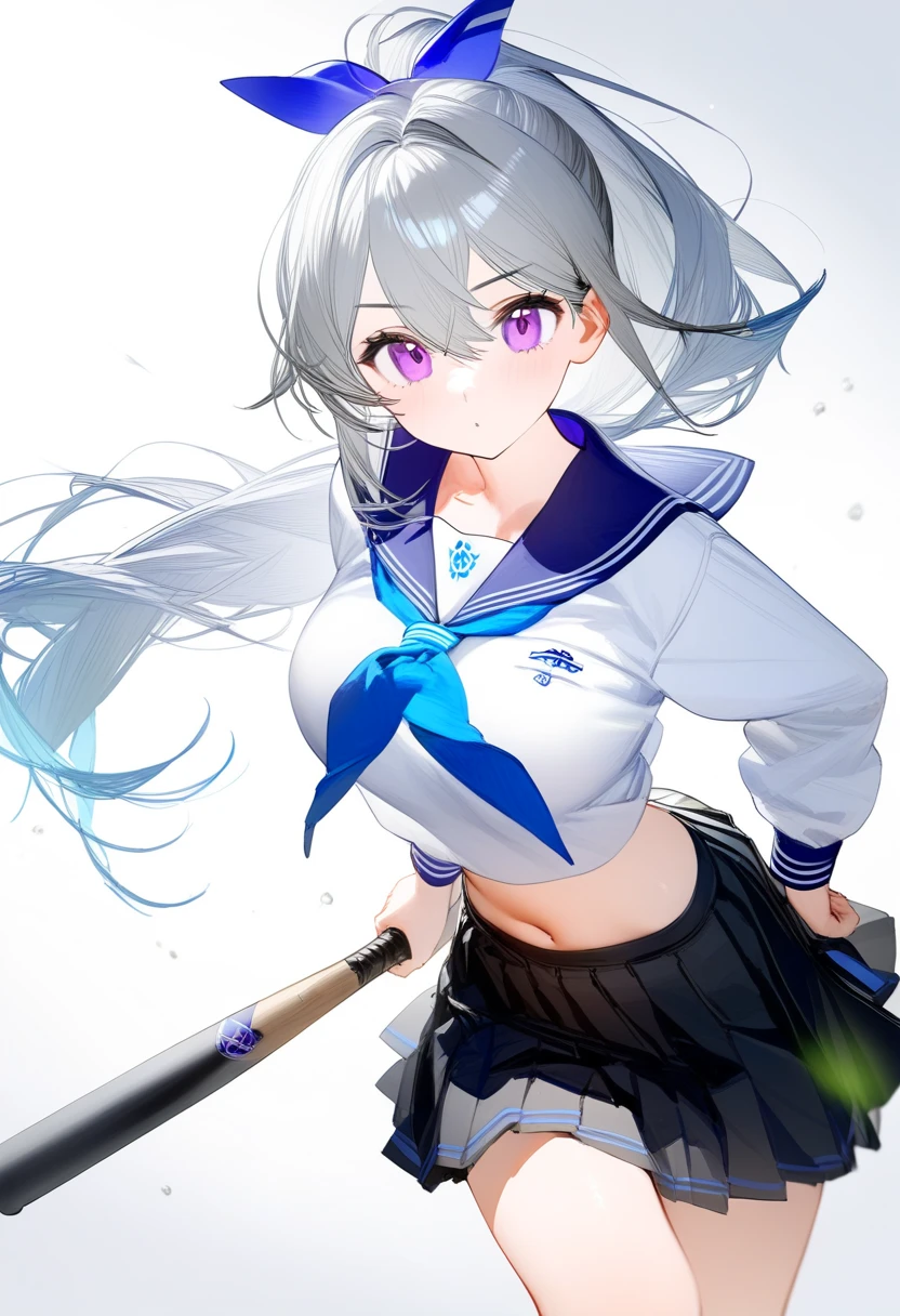 (liduke:0.6), (konya karasue:1.2), higuchi kaede, 1girl, grey hair, long hair, ponytail, purple eyes, large breasts, baseball bat, black skirt, holding baseball bat, long sleeves, neckerchief, navel, pleated skirt, sailor collar, , serafuku, simple background, solo, (beautiful color, amazing quality)