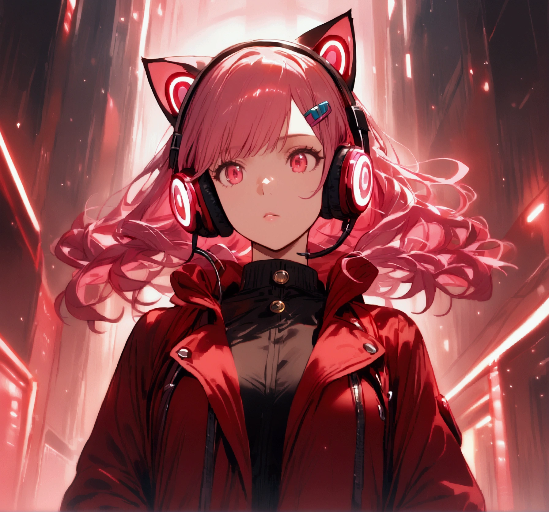 Woman with pink and red jacket and cat ears with headphones and hair clips