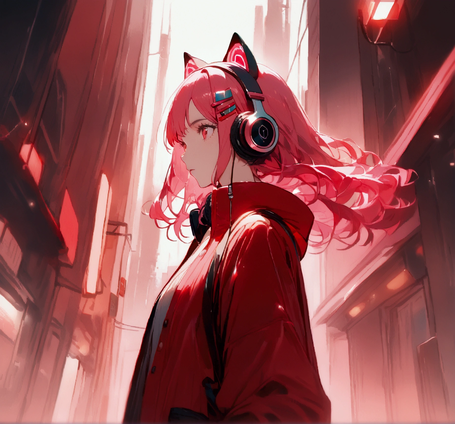 Woman with pink and red jacket and cat ears with headphones and hair clips