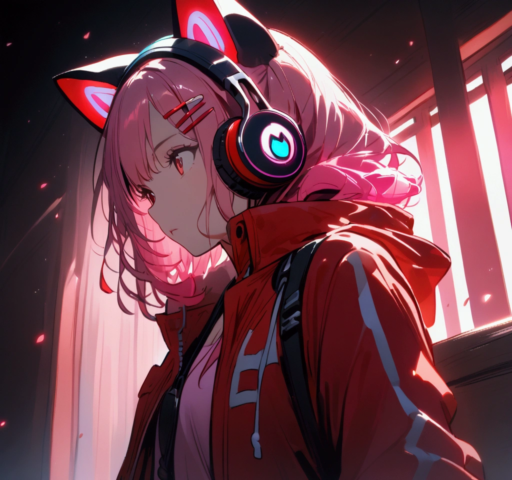 Woman with pink and red jacket and cat ears with headphones and hair clips