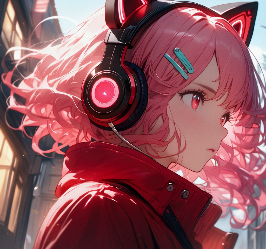 Woman with pink and red jacket and cat ears with headphones and hair clips