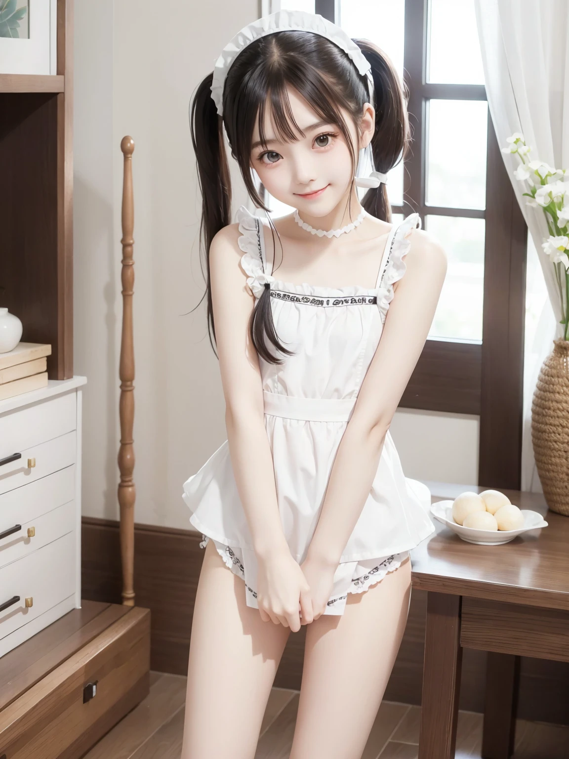 Maid, cute girl, white skin, twin tails,Thin arms,Thin legs,masterpiece,smile,Shooting from below,Thin legs