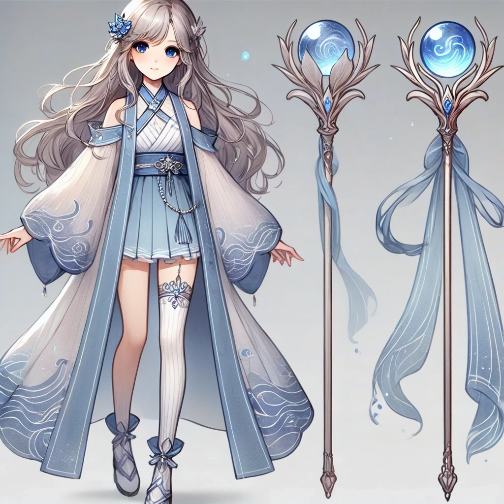 anime - style character design of a woman with a blue dress and a long coat, lunar themed attire, beautiful celestial mage, astral witch clothes, pretty anime character design, shadowverse character concept, highly detailed character design, cotton cloud mage robes, ( ( character concept art ) ), high quality character design, beautiful full body concept art, detailed character design