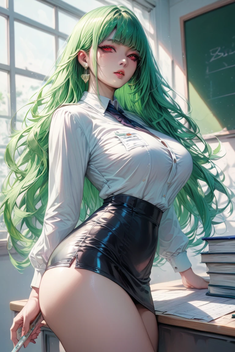 blush, smileglowing aura, natural light, masterpiece,  glossy skin, juicy lips , ,sexy, hot, evil,juicy lips hour glass, , juicy lips, , slender body, small , huge ass, green hair, lab coat,  massive huge overflowing , stern eyes, scowl, glasses, standing, messy hair, pony tail