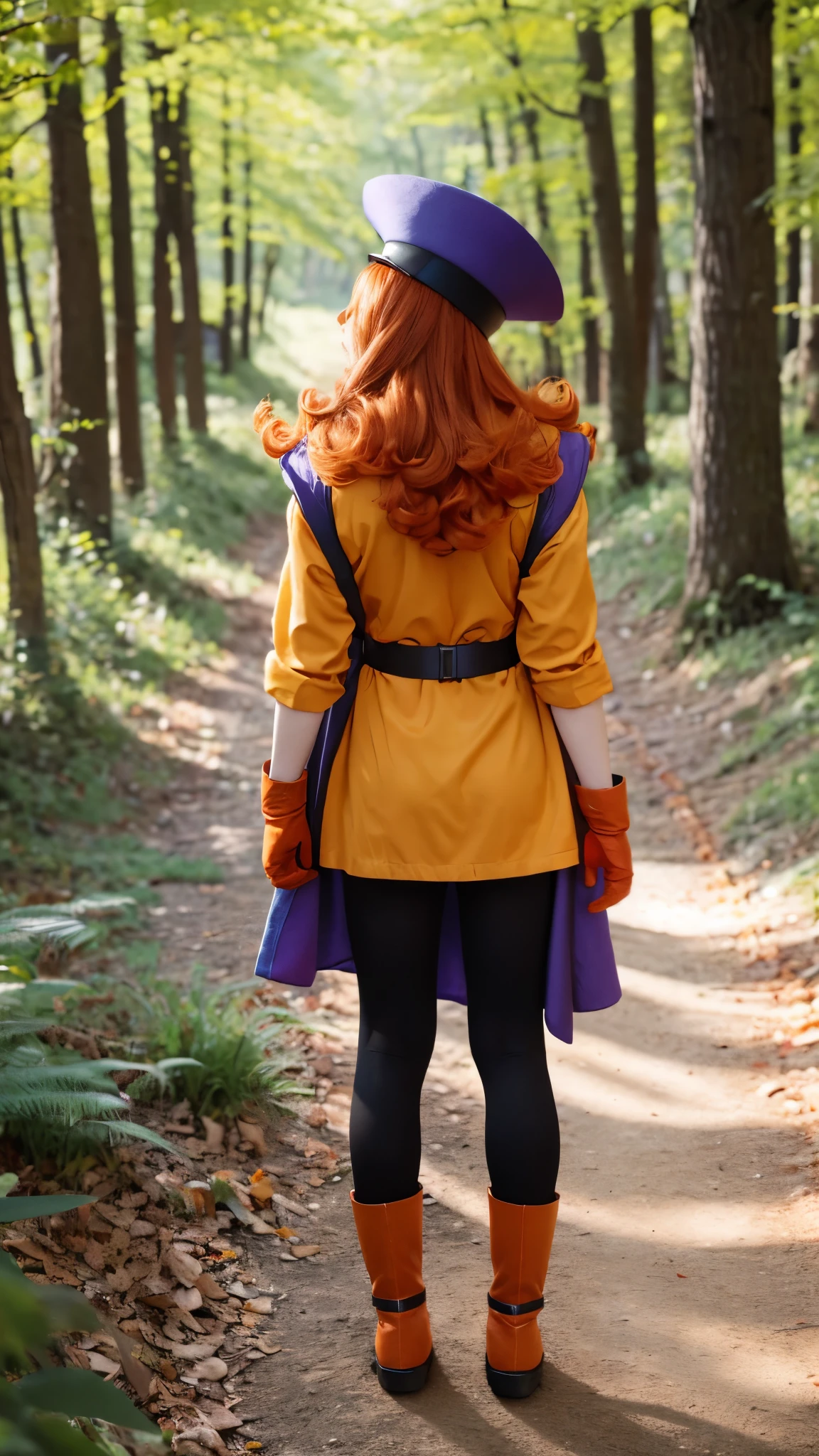 Girl、 has orange wavy hair and purple eyes I'm here。Wear a big blue hat、 also wears a blue cloak 。Wears a yellow tunic 、 has a waist tightened with black tights and a belt 。 wears orange gloves on her hands 、 wears orange boots around her feet 。Rear view、back、forest
