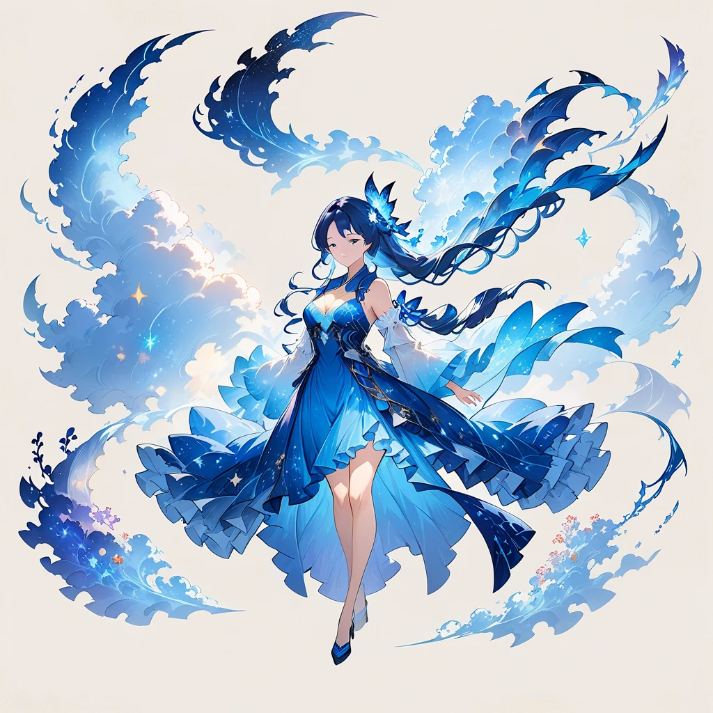 anime - style character design of a woman with a blue dress and a long coat, lunar themed attire, beautiful celestial mage, astral witch clothes, pretty anime character design, shadowverse character concept, highly detailed character design, cotton cloud mage robes, ( ( character concept art ) ), high quality character design, beautiful full body concept art, detailed character design