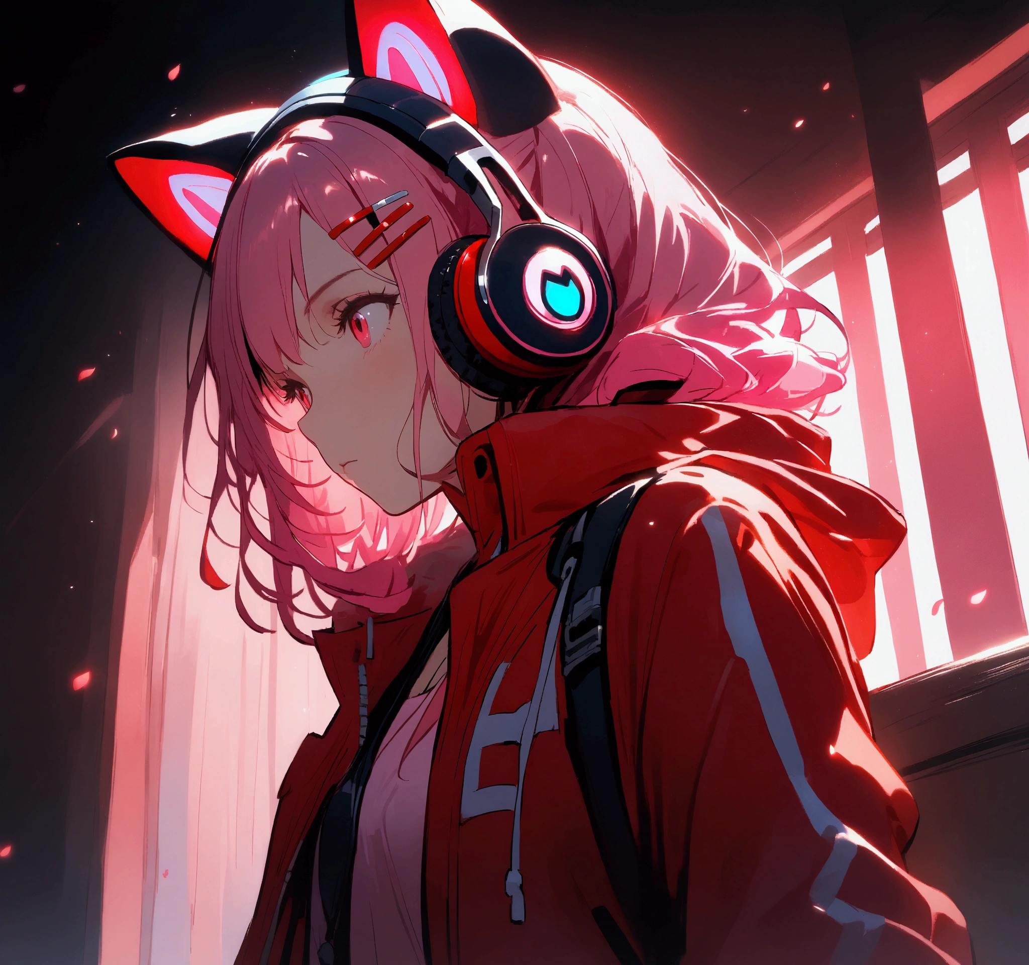 Woman with pink and red jacket and cat ears with headphones and hair clips