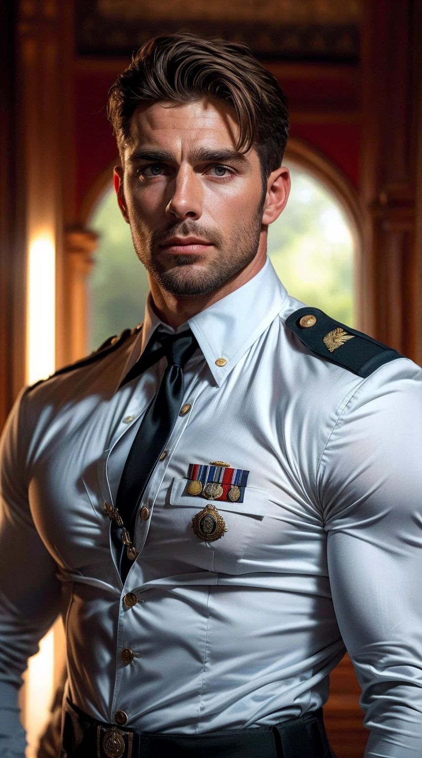 illustration in Leyendecker style : Christopher Egan as the handsome and muscular Captain David Shepherd (TV series "Kings"). in an unbuttoned dress uniform, he masturbates. A stream of cum flows out of a big long dick