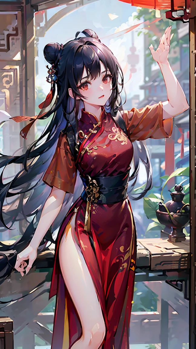 (((Best quality, 8k, Masterpiece: 1.3)), ((best quality)), ((masterpiece)), (detailed), perfect face, perfect body, (detailed skin:1.3), (intricate details), A skilled young martial artist stands poised in a dynamic kung fu stance, dressed in an elegant, high-slit red cheongsam with intricate gold embroidery. Her jet-black hair is styled into neat twin buns, giving her a focused yet stylish appearance. The scene is set in a traditional Chinese courtyard with red lanterns and ornate wooden architecture, bathed in the warm glow of sunset. Her expression is sharp and determined, exuding confidence and discipline. The fabric of her dress flows slightly with her movement, emphasizing her grace and mastery of kung fu.