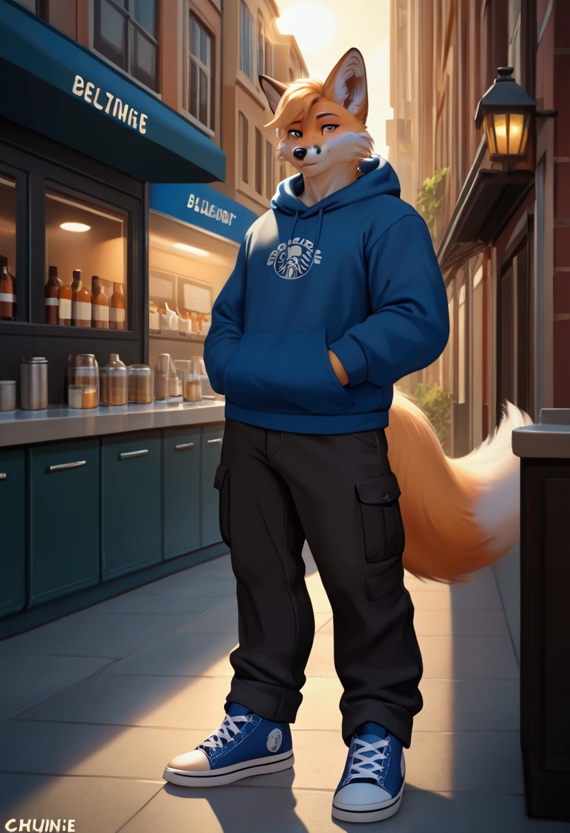 4k, high resolution, best quality, perfect colors, perfect shadows, perfect lighting, posted on e621, furry body, solo, a blueberry-colored anthropomorphic fox, blue Fox, wearing an oversized navy blue sweatshirt, black cargo pants, and royal blue Converse sneakers. The fox walks confidently through the bustling streets of an urban city at sunset. Sun rays rise in the background, creating a warm and inviting atmosphere. The fox holds a blueberry frappe from Starbucks, which glows with a magical aura. The overall composition is vibrant, modern, and full of aesthetic appeal, high resolution, high quality.