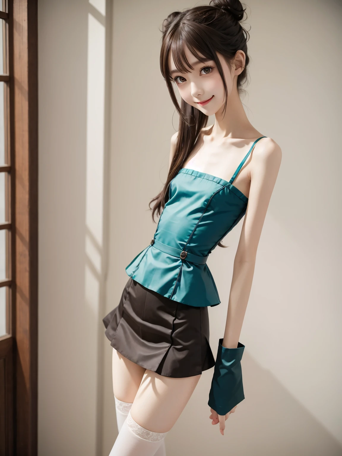 Maid, cute girl,masterpiece, high definition ,8k,16k, white skin, bun hair, Teal Eyelids,Brown Hair, delicate, Thin arms, black stockings,Thin legs, slender body ,smile,