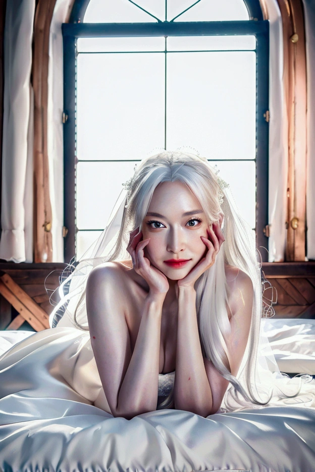 beautiful middle aged woman in a wedding dress, long white hair, slender body, lying on a bed, shy expression, spreading her legs, looking at the viewer, detailed face, (best quality,4k,8k,highres,masterpiece:1.2),ultra-detailed,(realistic,photorealistic,photo-realistic:1.37),HDR,UHD,studio lighting,ultra-fine painting,sharp focus,physically-based rendering,extreme detail description,professional,vivid colors,bokeh,portrait