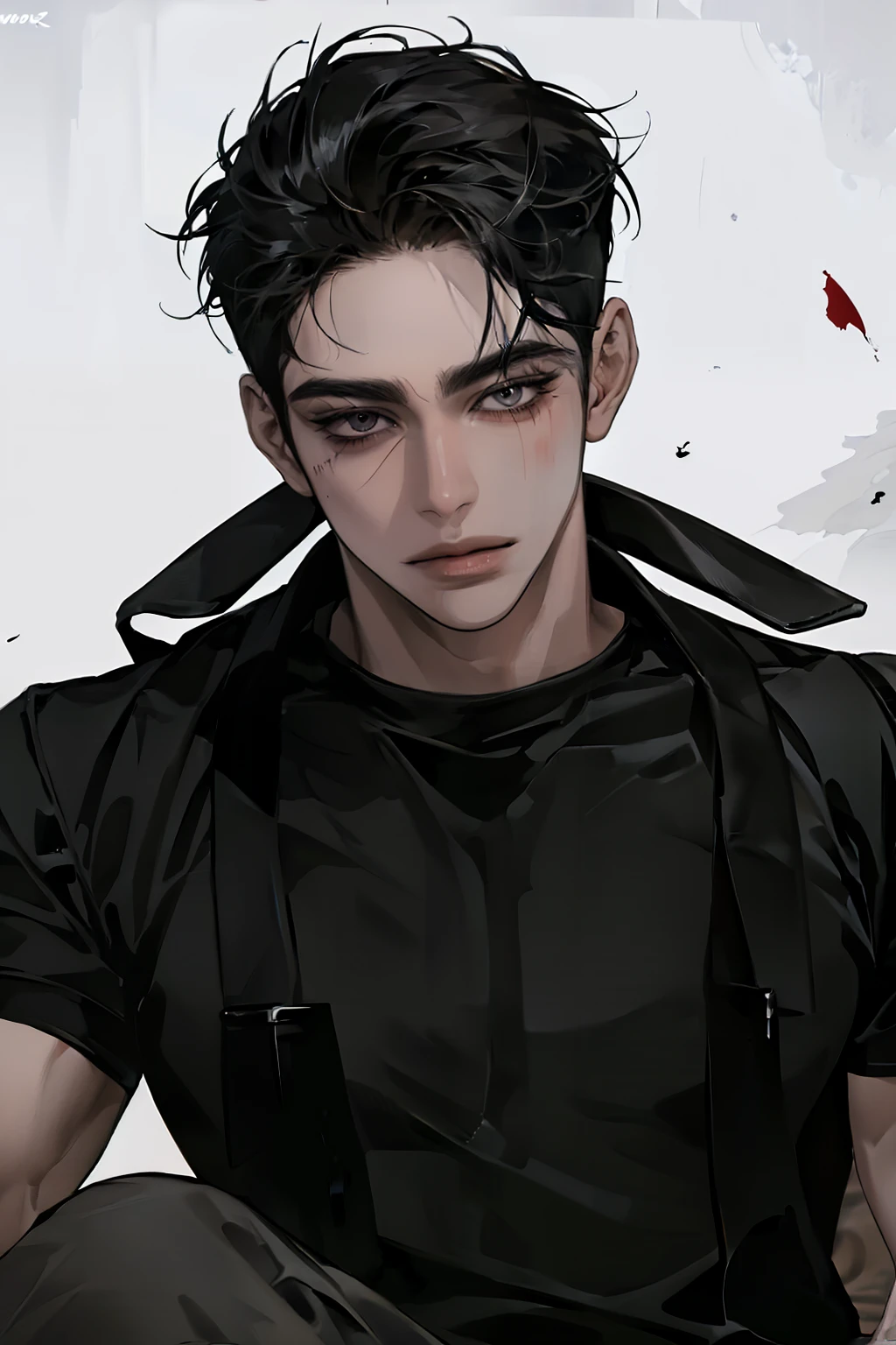 (masterpiece, best quality), intricate details, 8k, artstation, wallpaper, official art, splash art, sharp focus,
1boy, looking forward, hair very short above the ear half shaved on the sides, black/black hair, purple eyes, with a sad expression crying, tears on the face, crying, tear print, piercing of the eyebrow and mouth, graveyard in the background, mist in the background, cloudy day