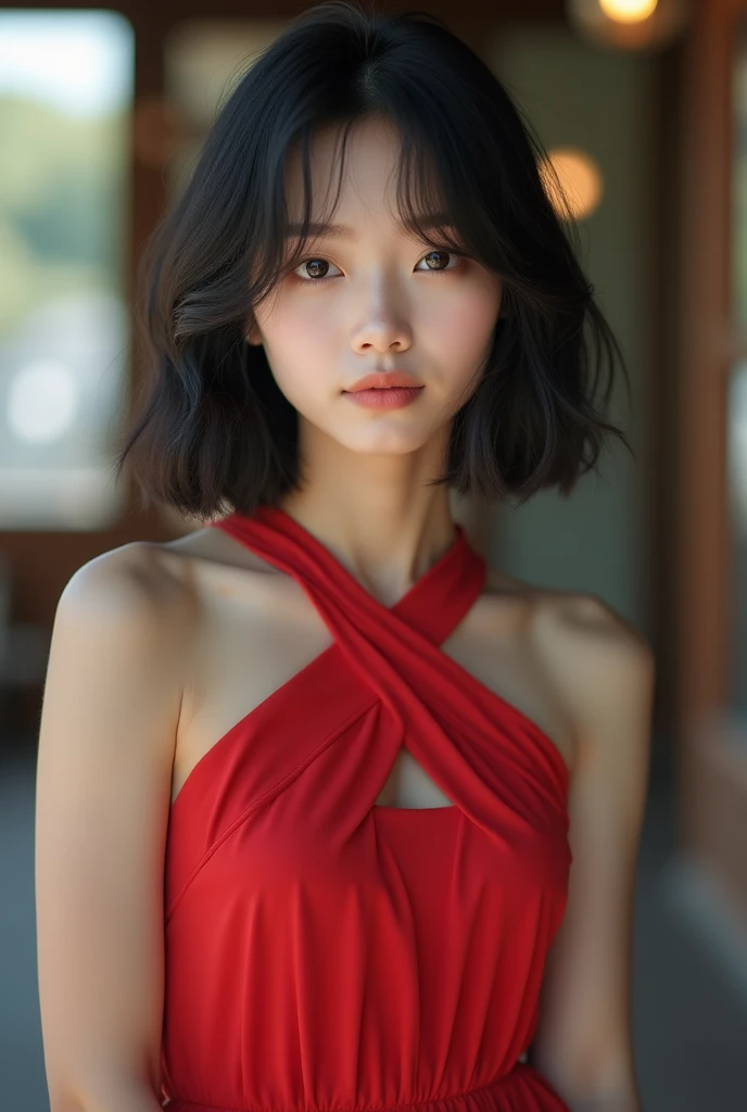 (((medium hair))), highest quality, 8K, absurd: 1.2, background blur, bokeh: 1.2, photo, (raw photo: 1.2), (Photorealsitic: 1.4), (complex details: 1.2), nice woman, delicate and beautiful details, (detailed eyes), (detailed facial features), , (((normal breasts))), beautiful skin, (best quality: 1.4), (((off red) Shoulder dress))) with beautiful autumn leaves in the background
