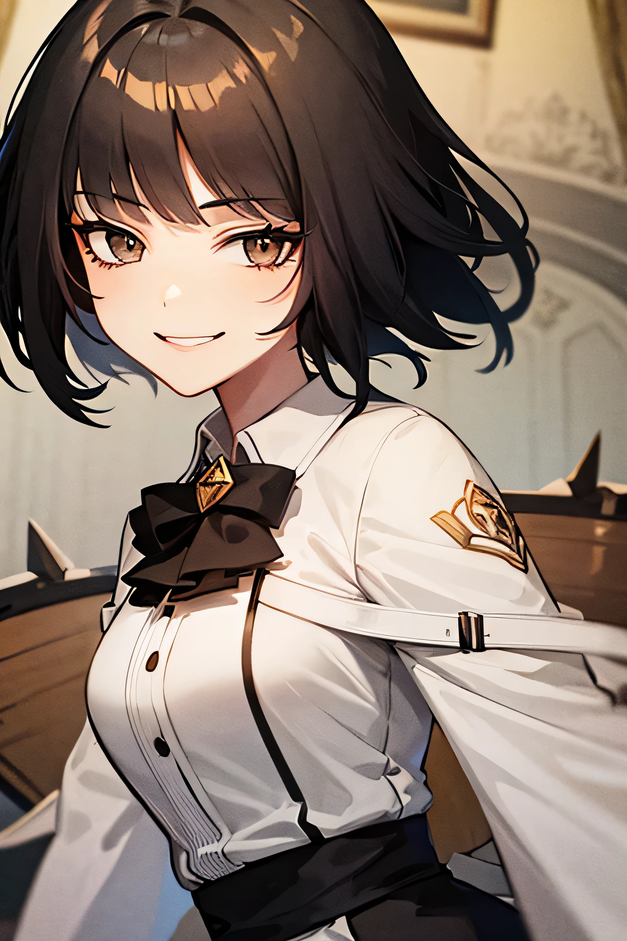 (best quality:1.3), (masterpiece:1.3), (illustration:1.3), (ultra-detailed:1.3), (mid shot:0.9), 1girl, Short hair, black hair, virtuosa_arknights, medium breasts, tall, ((mature, smirk,)) upper body, gray eyes, looking at viewer, white coat, 