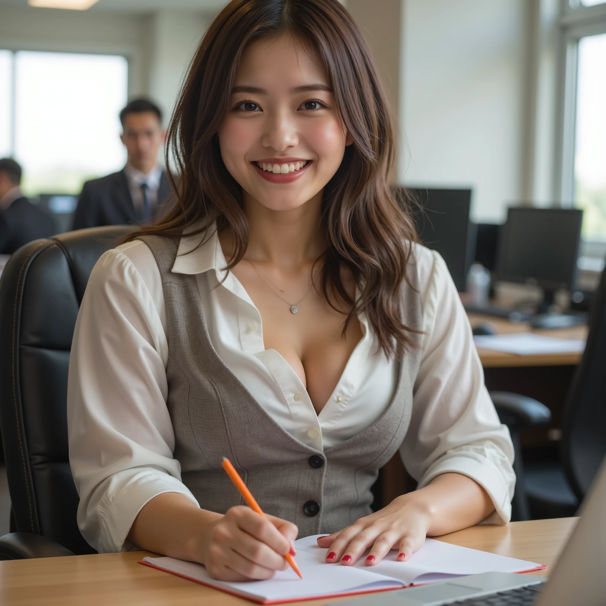 desk work, high quality, Ultra-realistic, Shortcuts, office lady, Smart Formal, compensate, smile, Beautiful Eyes, beautiful and accurate face, Beautiful Hands, Office Background、Cleavage