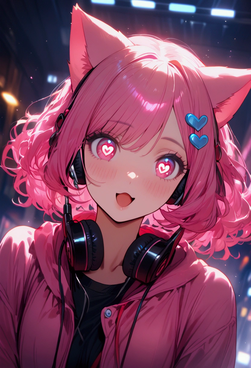 Woman in pink jacket and cat ears with earbuds and hair clips in bright black and red and heart eyes 